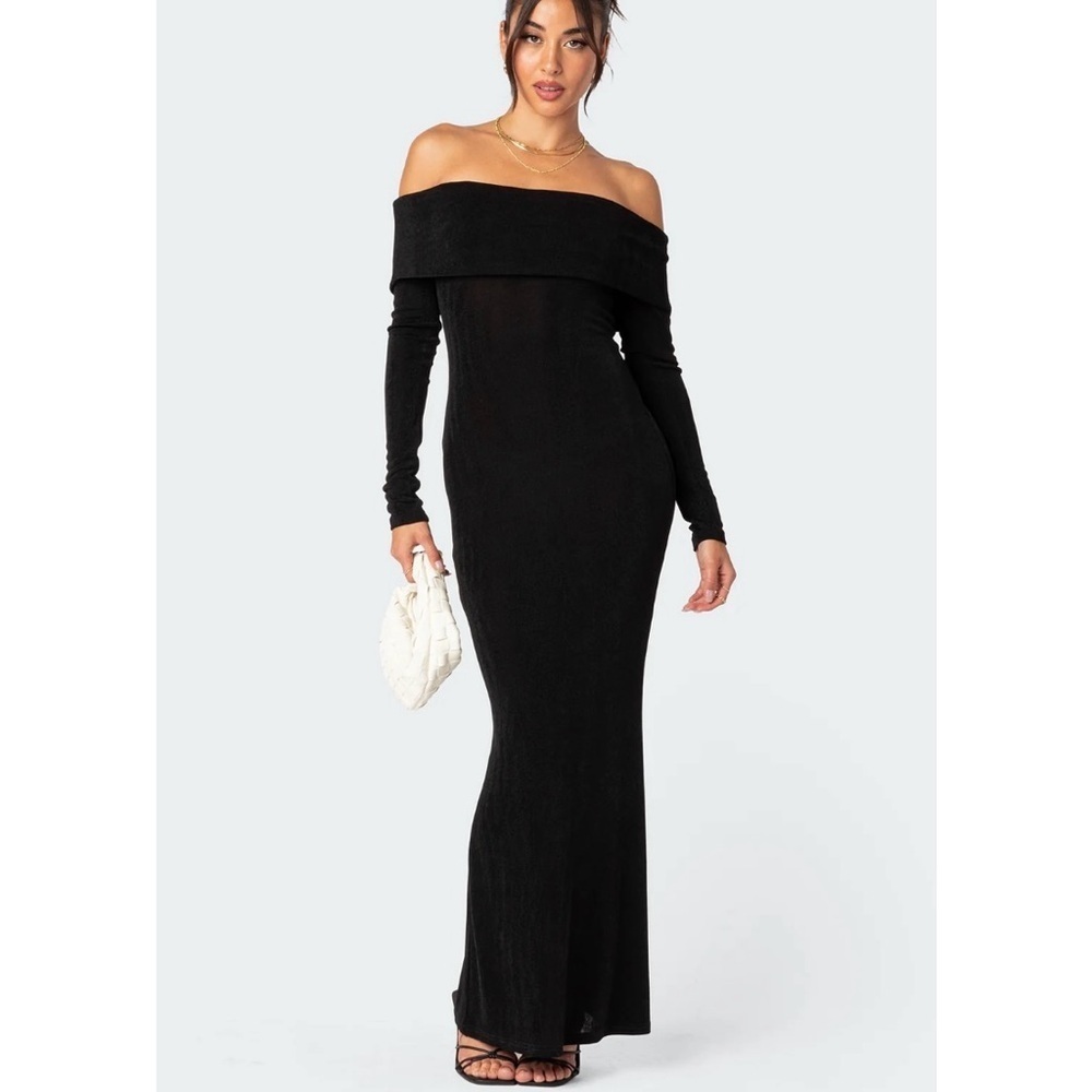 NWT Edikted Susan Fold Over Bodycon Slinky Maxi Dress in Black Size XL